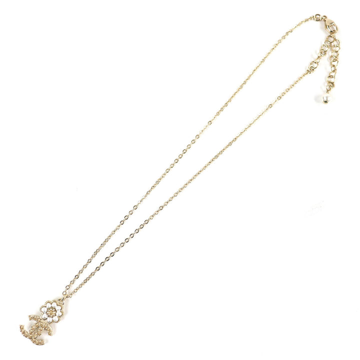 Excellent CHANEL Necklace Camellia COCO Mark Rhinestone Faux Pearl gold B22K