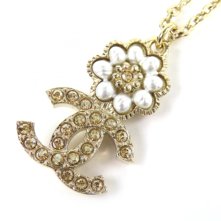 Excellent CHANEL Necklace Camellia COCO Mark Rhinestone Faux Pearl gold B22K