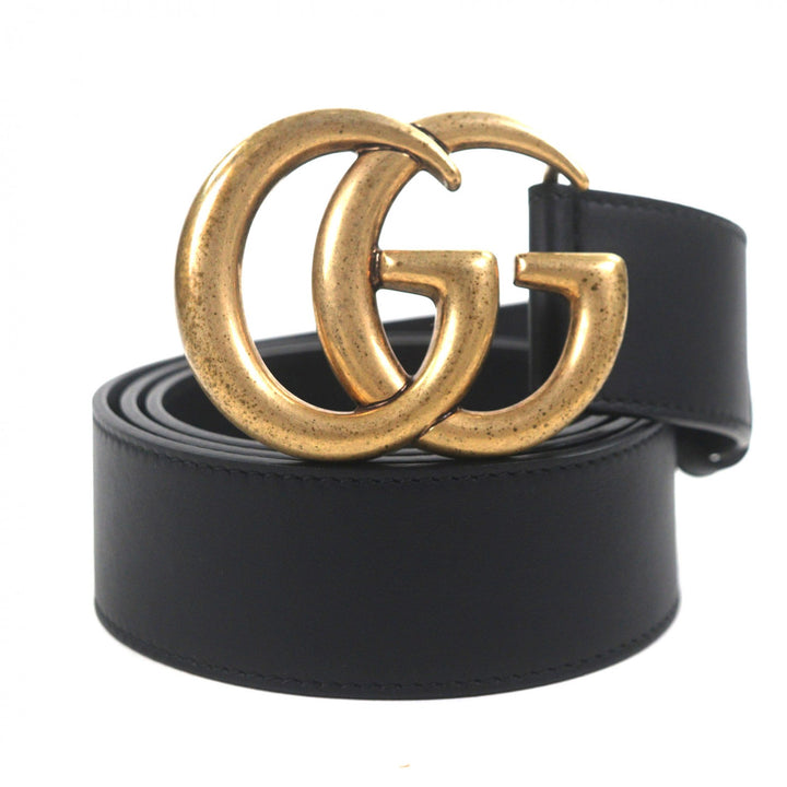 Great GUCCI belt Double G Wide Belt GG Marmont buckle black leather mens 400593
