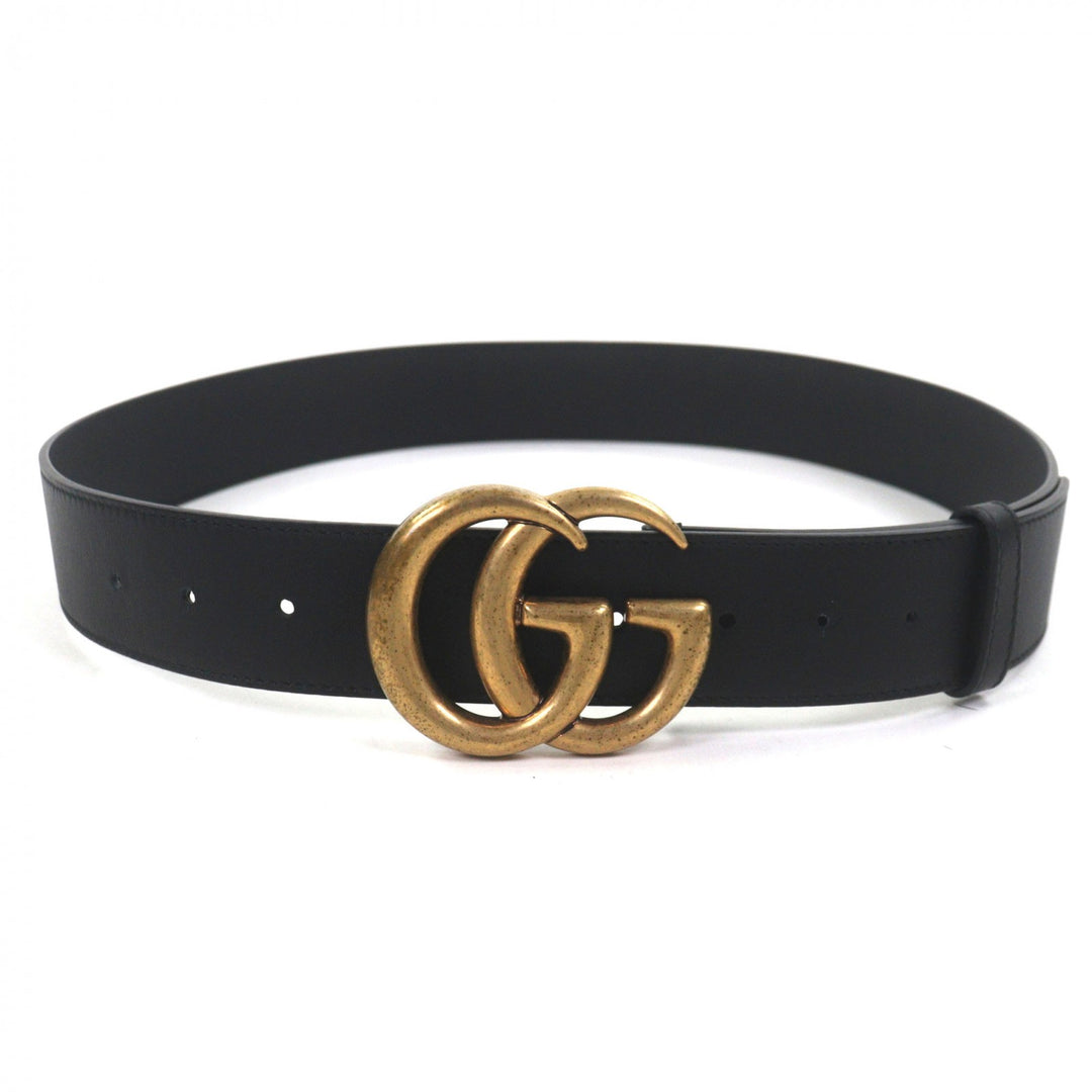 Great GUCCI belt Double G Wide Belt GG Marmont buckle black leather mens 400593