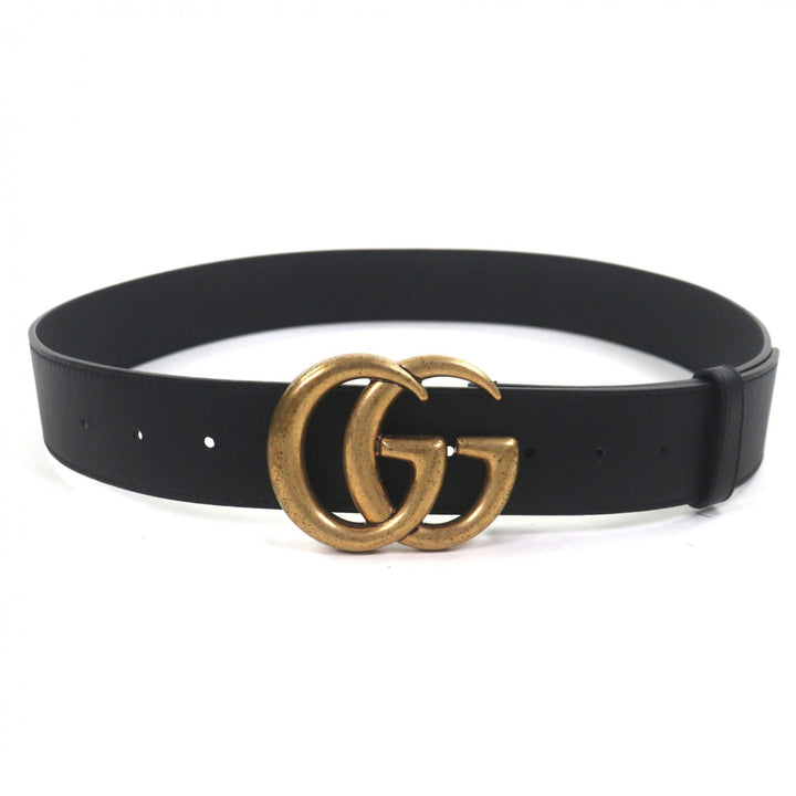 Great GUCCI belt Double G Wide Belt GG Marmont buckle black leather mens 400593
