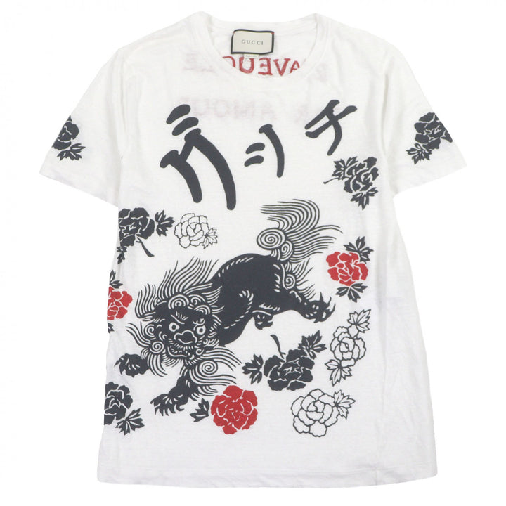 Great GUCCI Short sleeve T-shirt Shisa Japanese pattern distressed finish white