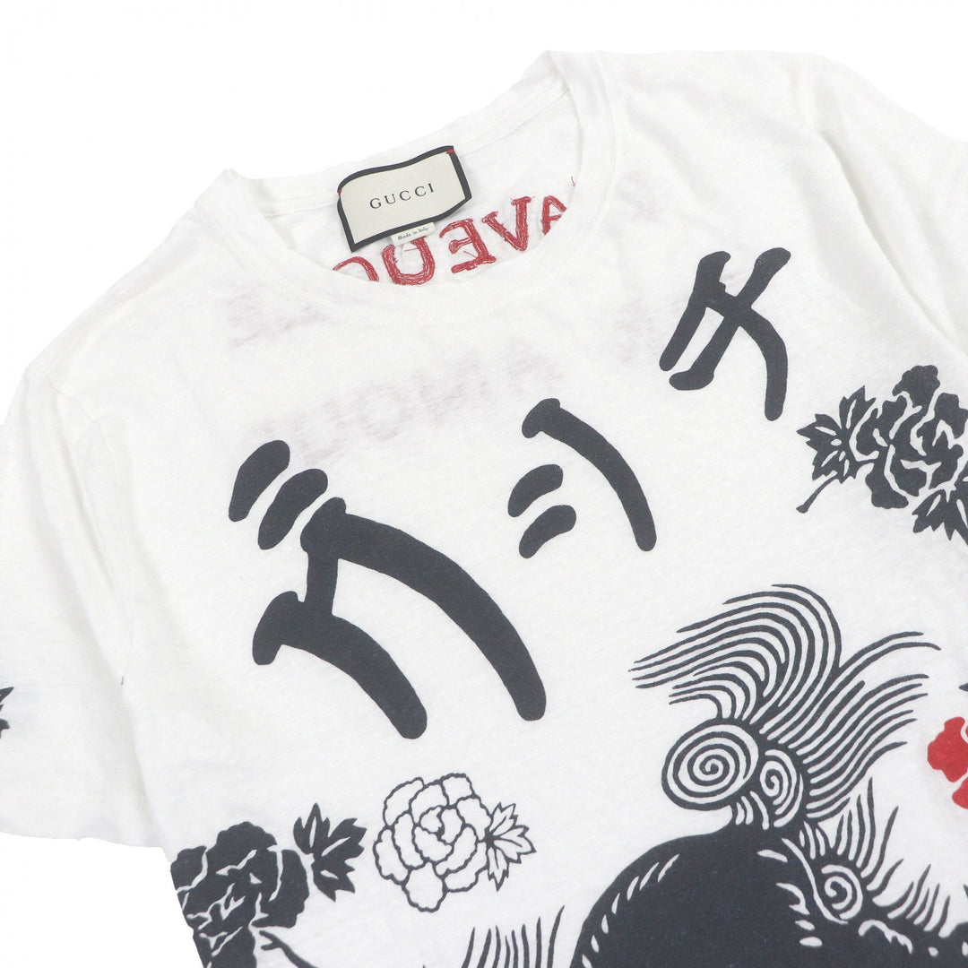Great GUCCI Short sleeve T-shirt Shisa Japanese pattern distressed finish white