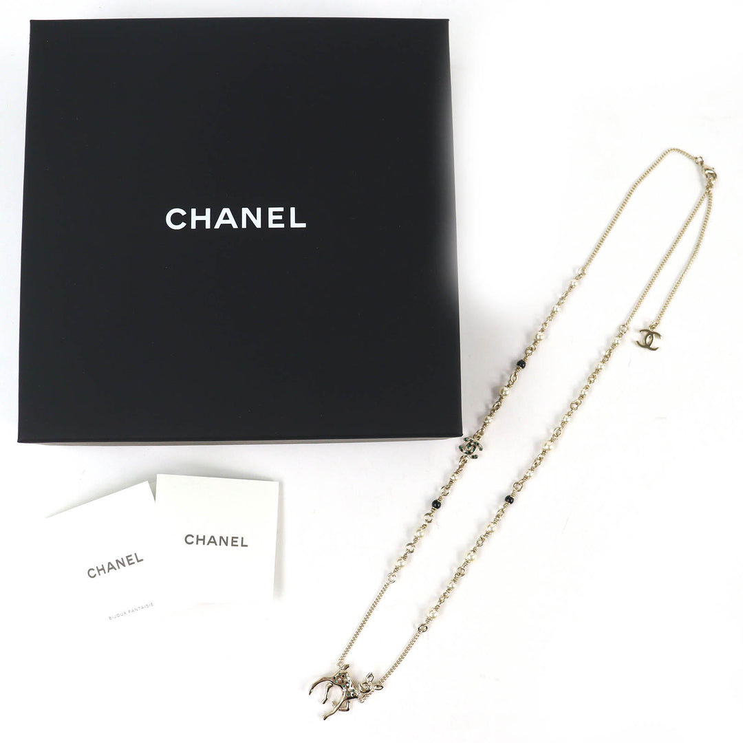 Excellent CHANEL Necklace Bambi COCO Mark Rhinestone Faux Pearl gold Women