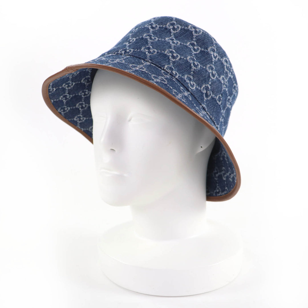Pristine GUCCI hat GG Jacquard Lamb Leather Denim Bucket Hat Women L 816543