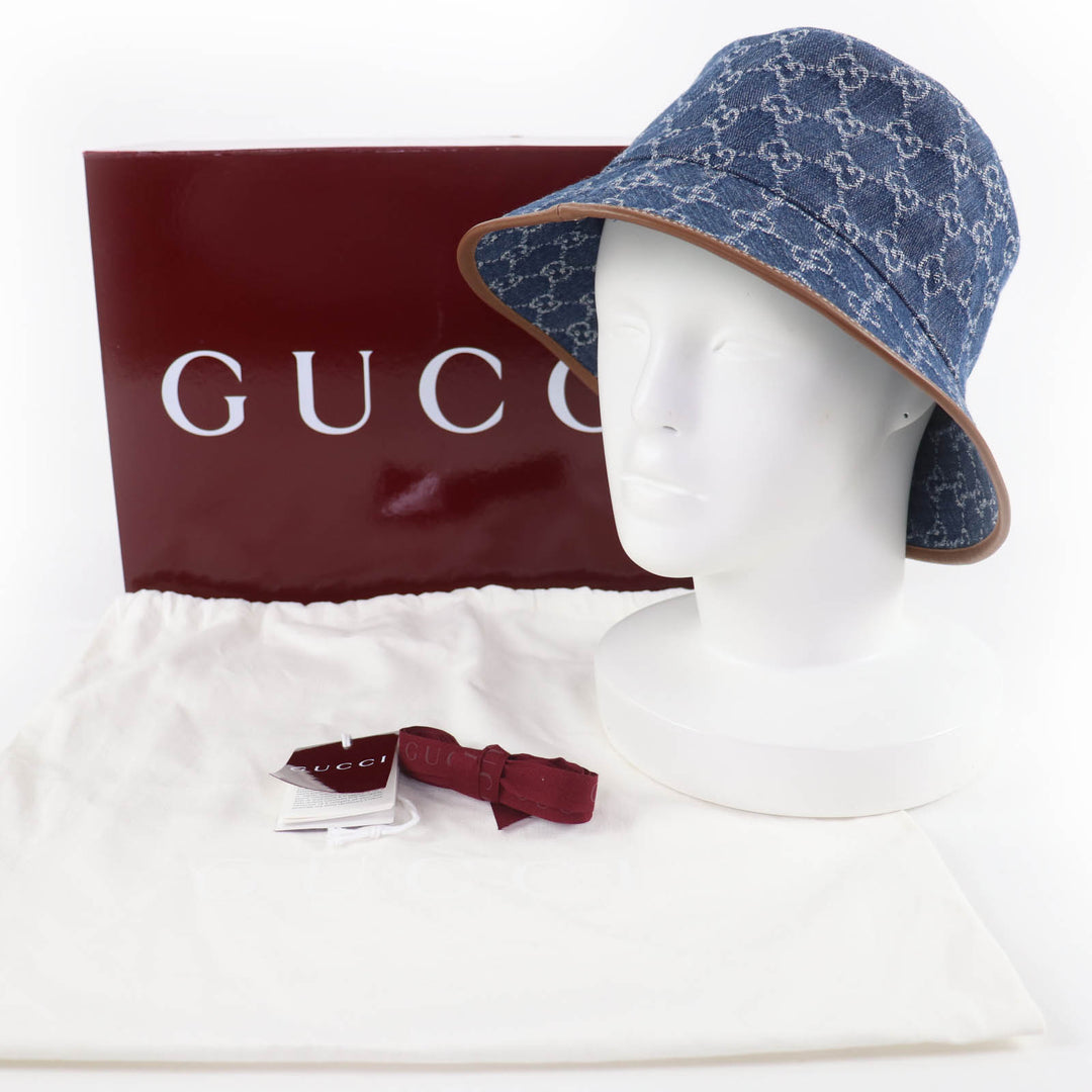 Pristine GUCCI hat GG Jacquard Lamb Leather Denim Bucket Hat Women L 816543