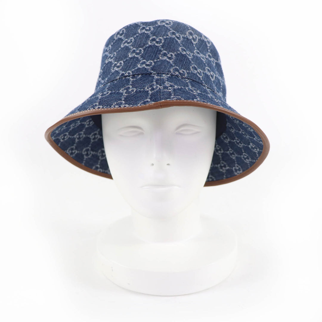 Pristine GUCCI hat GG Jacquard Lamb Leather Denim Bucket Hat Women L 816543