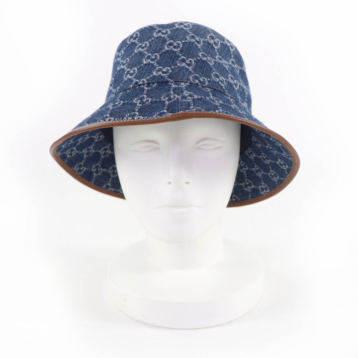 Pristine GUCCI hat GG Jacquard Lamb Leather Denim Bucket Hat Women L 816543