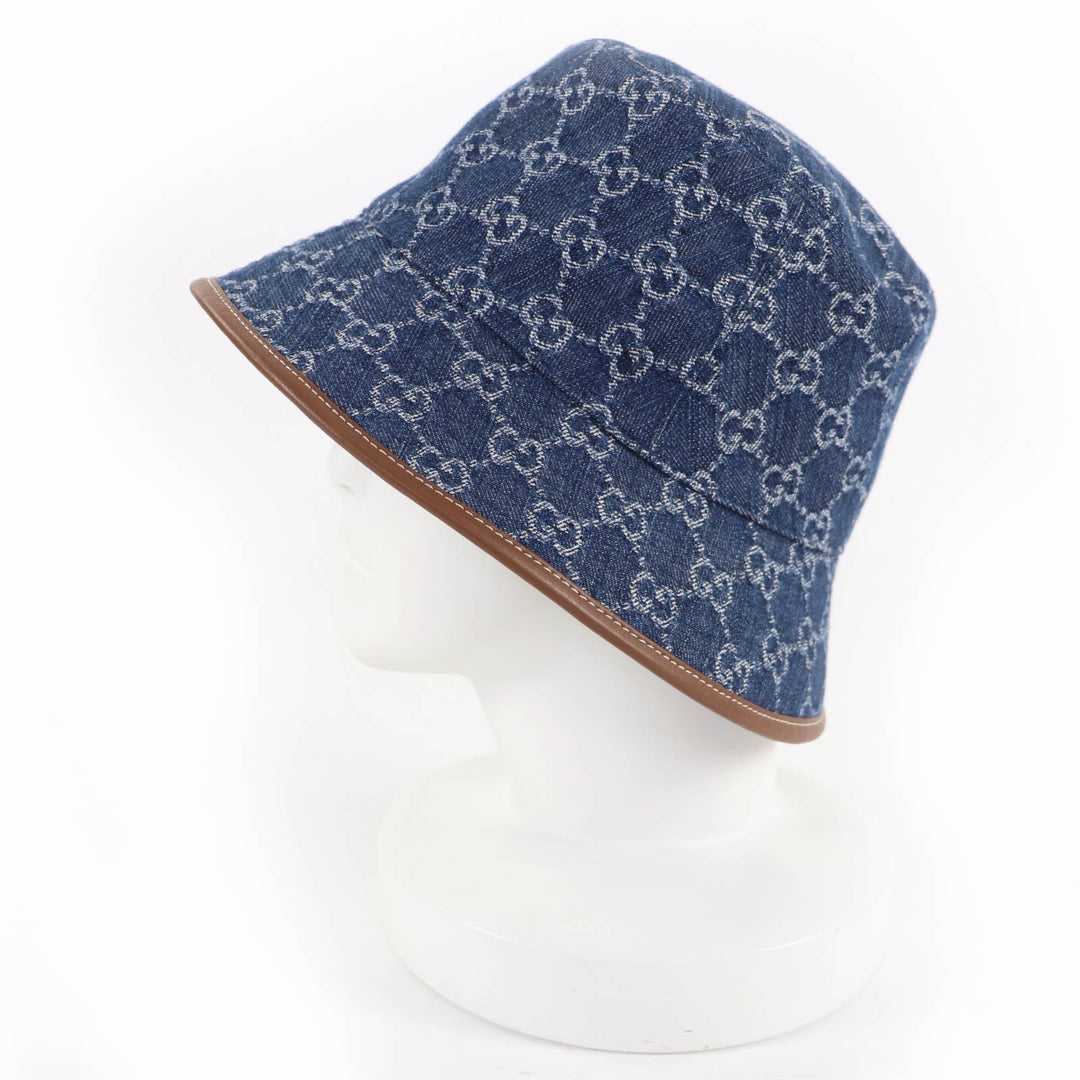 Pristine GUCCI hat GG Jacquard Lamb Leather Denim Bucket Hat Women L 816543