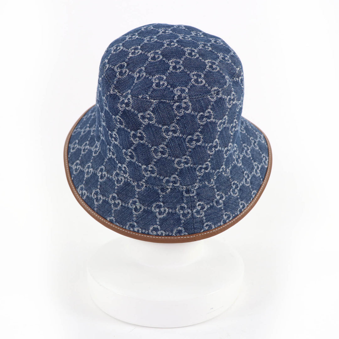 Pristine GUCCI hat GG Jacquard Lamb Leather Denim Bucket Hat Women L 816543