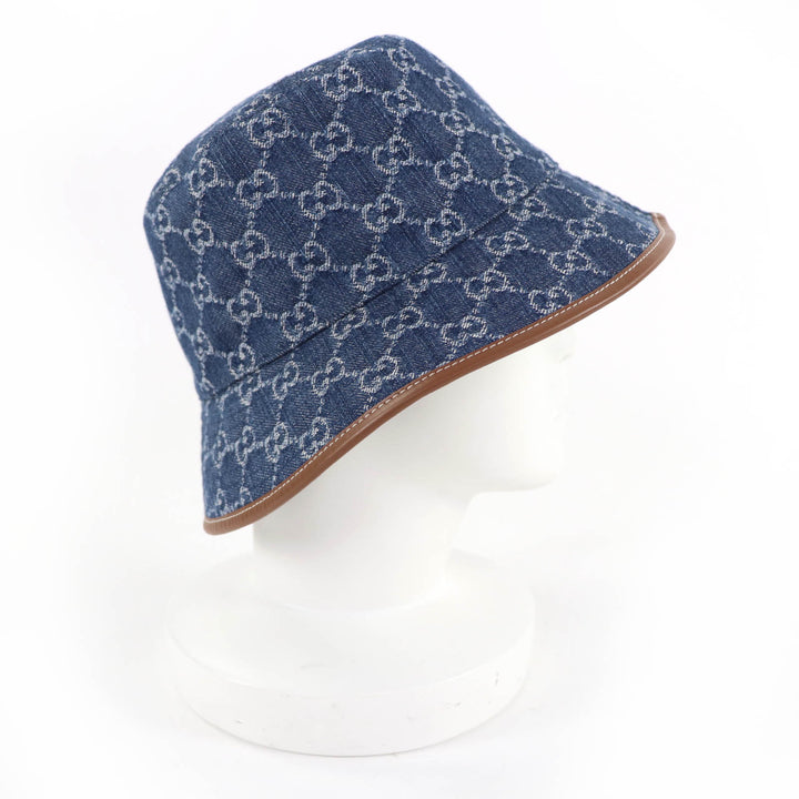 Pristine GUCCI hat GG Jacquard Lamb Leather Denim Bucket Hat Women L 816543