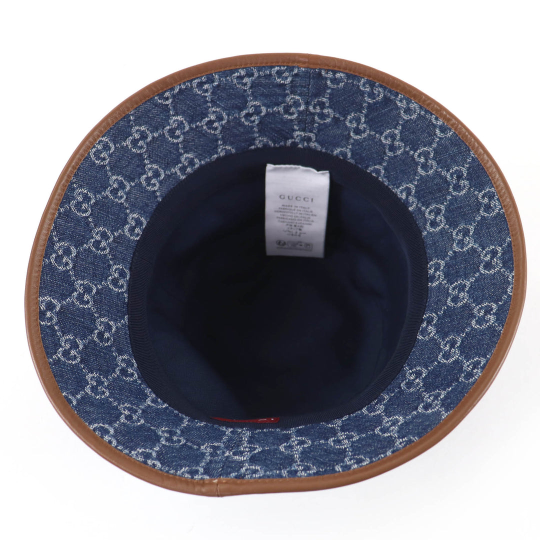 Pristine GUCCI hat GG Jacquard Lamb Leather Denim Bucket Hat Women L 816543
