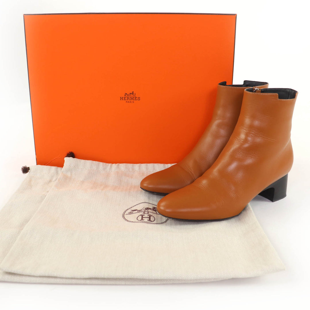 Great HERMES short boots Demarche Side ZIP Leather Brown leather Women 35.5