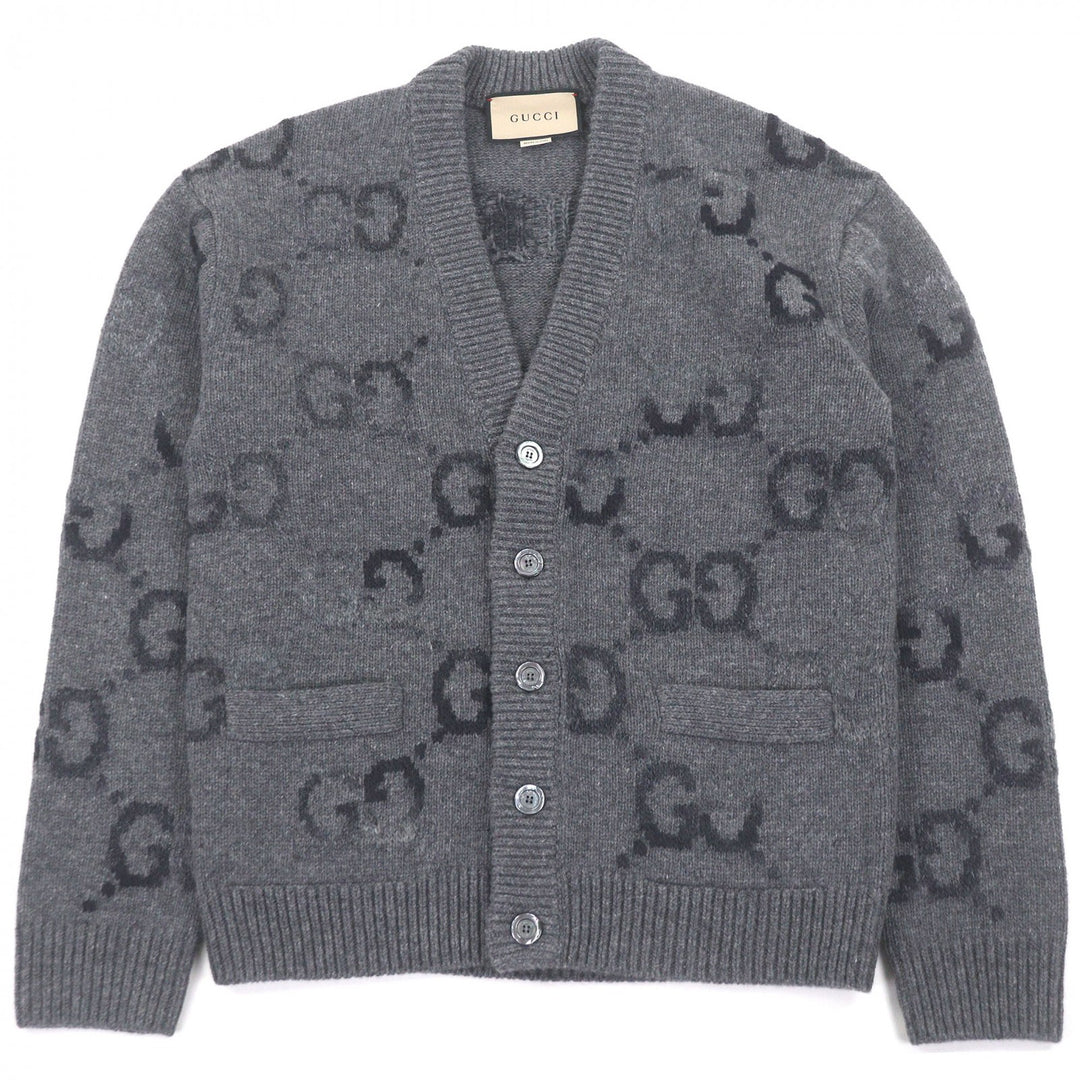 Excellent GUCCI cardigan Jumbo GG logo knit gray wool mens XS