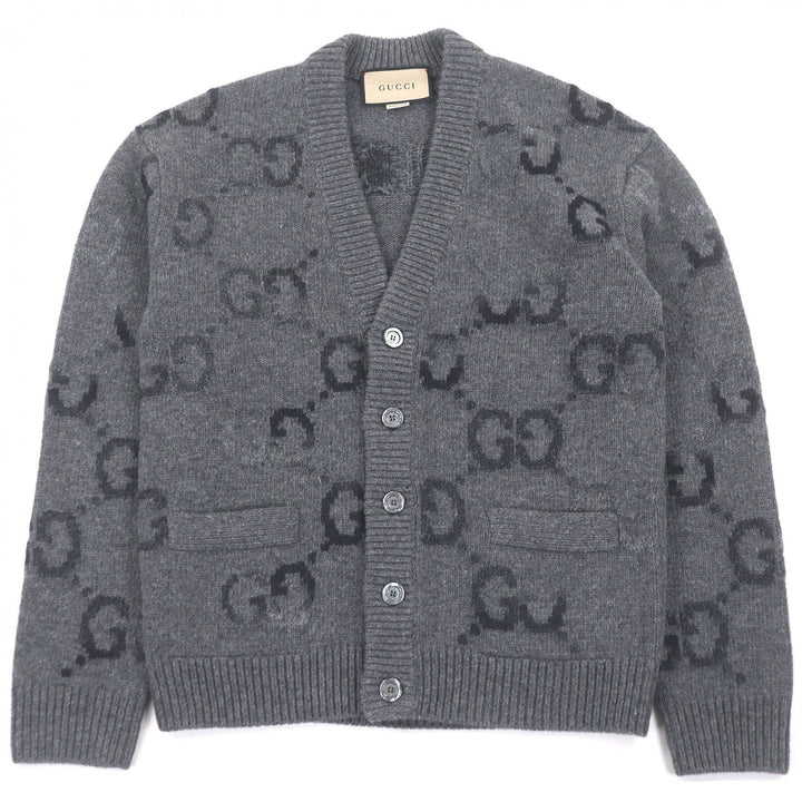 Excellent GUCCI cardigan Jumbo GG logo knit gray wool mens XS
