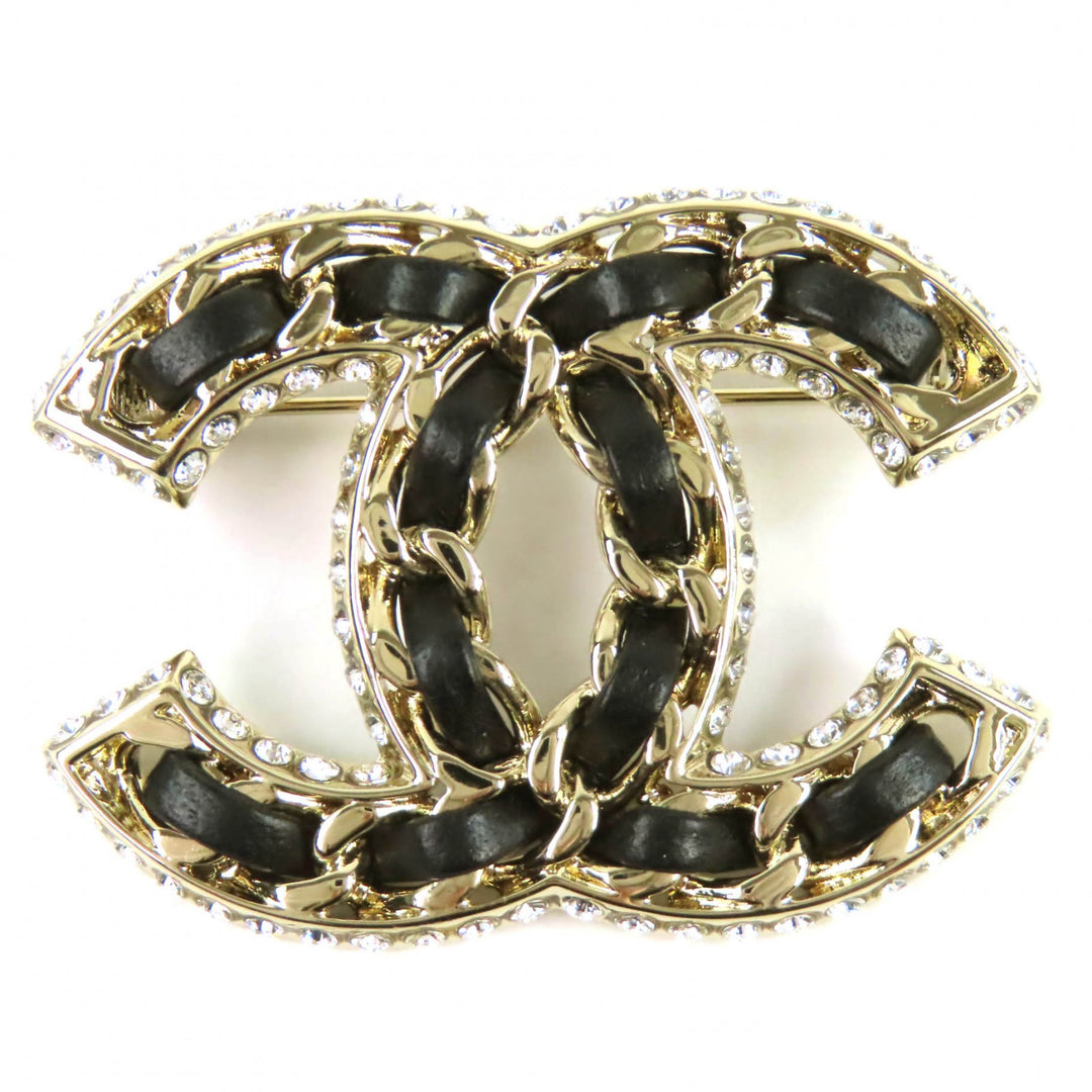 Excellent CHANEL Brooch COCO Mark Rhinestone Leather Chain gold B23P AB5107