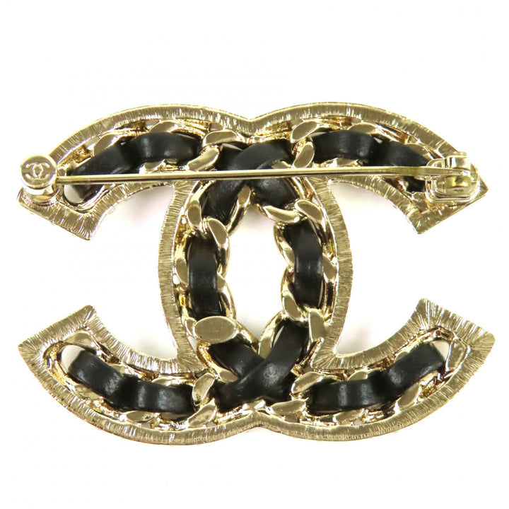 Excellent CHANEL Brooch COCO Mark Rhinestone Leather Chain gold B23P AB5107
