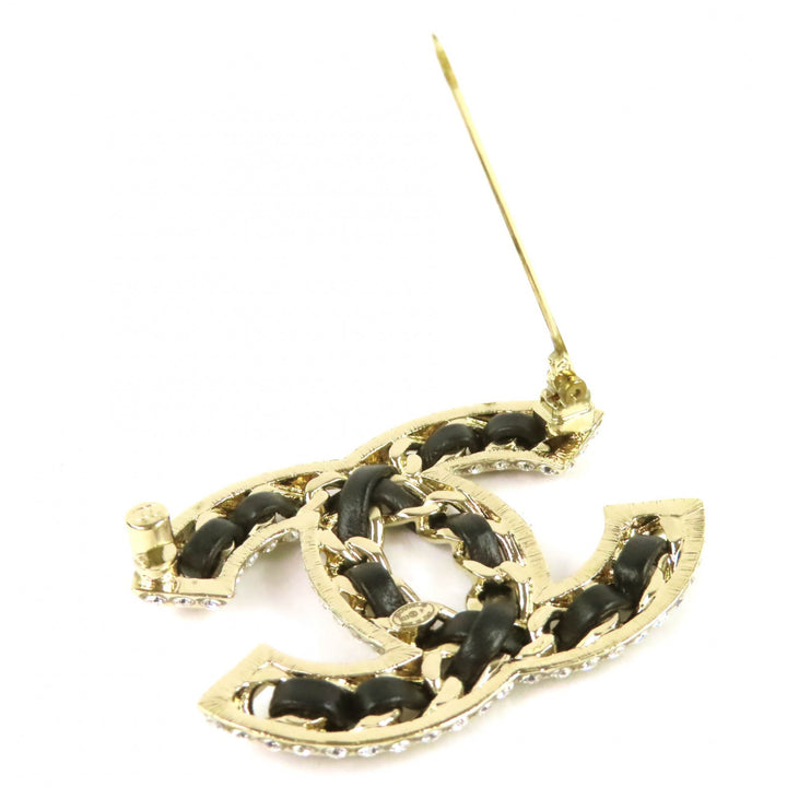 Excellent CHANEL Brooch COCO Mark Rhinestone Leather Chain gold B23P AB5107