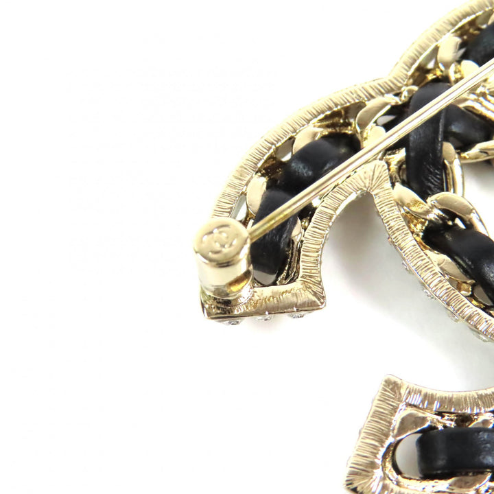 Excellent CHANEL Brooch COCO Mark Rhinestone Leather Chain gold B23P AB5107