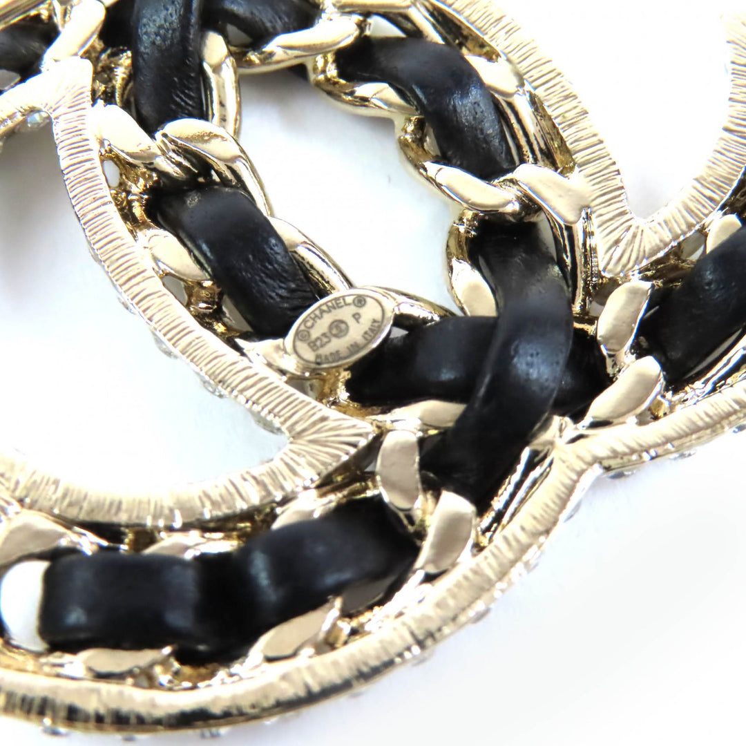 Excellent CHANEL Brooch COCO Mark Rhinestone Leather Chain gold B23P AB5107