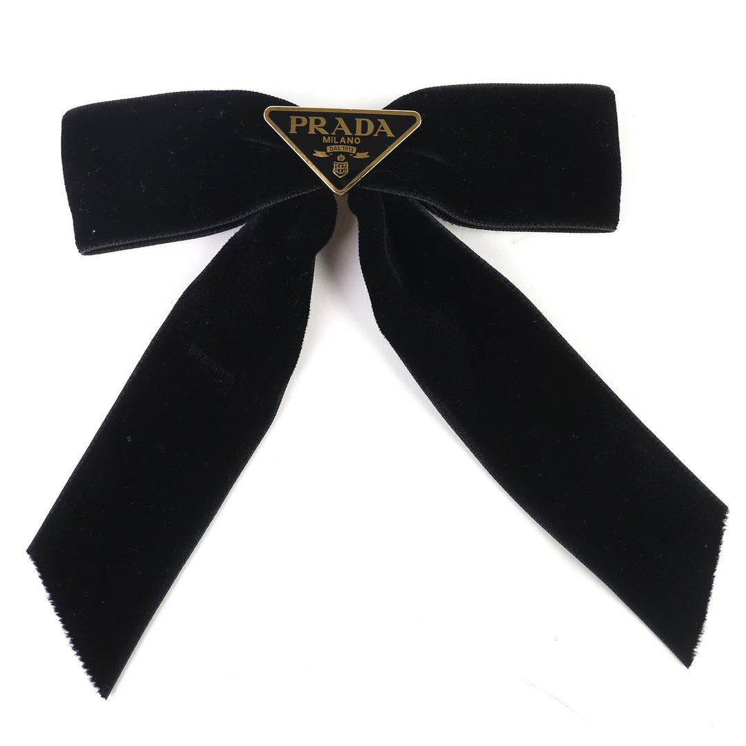 Great PRADA Triangle Logo Triangle Plate Velvet Ribbon Barrette black 1IF154