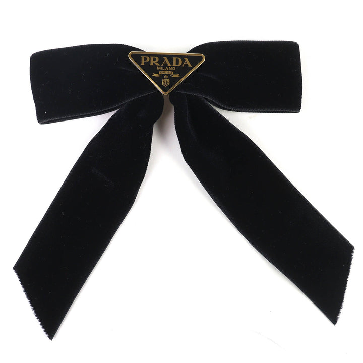 Great PRADA Triangle Logo Triangle Plate Velvet Ribbon Barrette black 1IF154