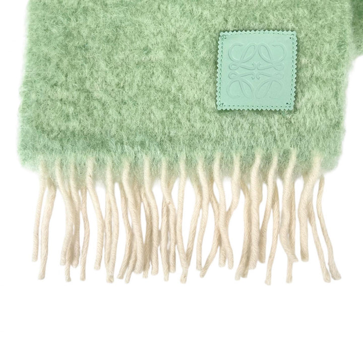 Excellent LOEWE Scarf Anagram Leather Patch Fringe green mohair Women
