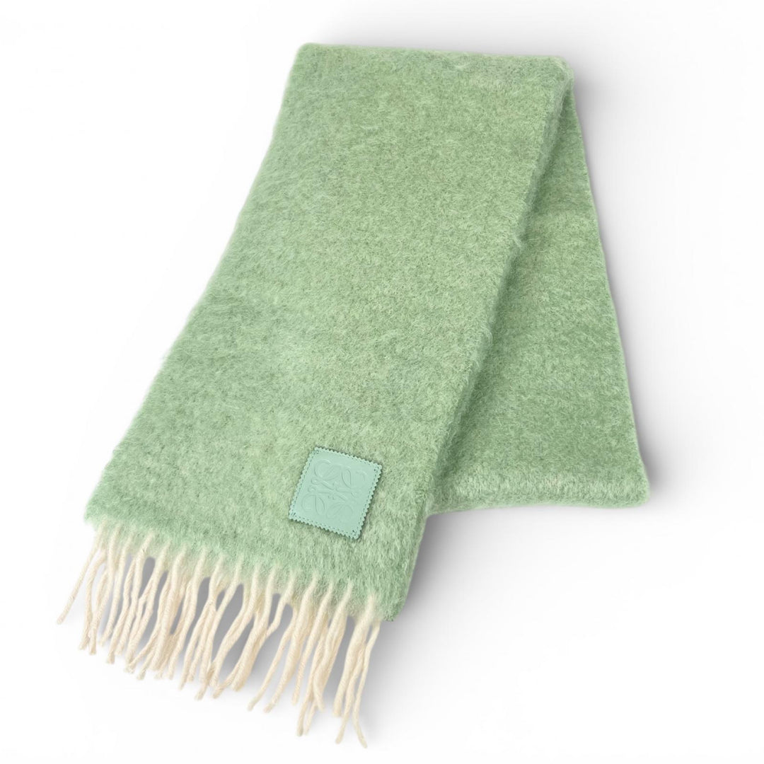 Excellent LOEWE Scarf Anagram Leather Patch Fringe green mohair Women