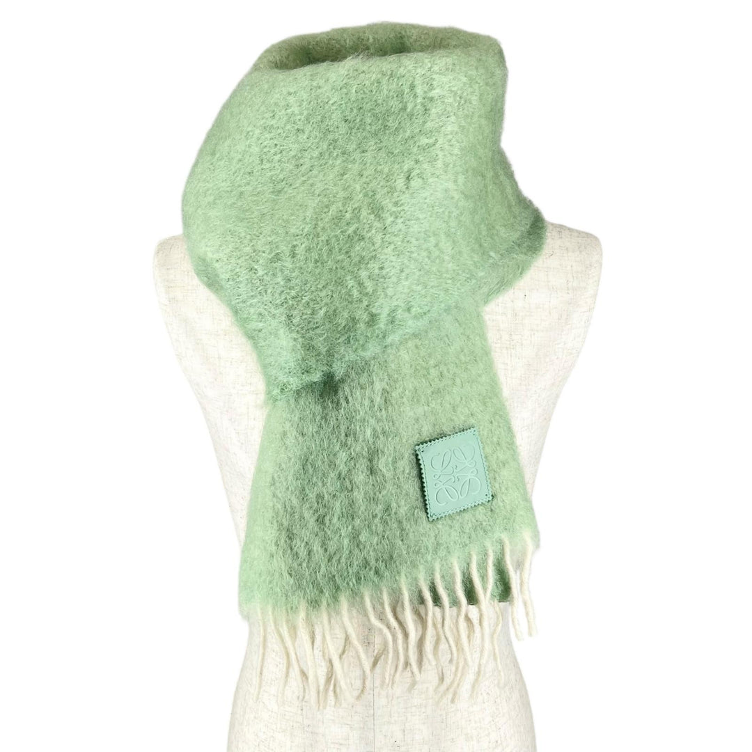 Excellent LOEWE Scarf Anagram Leather Patch Fringe green mohair Women