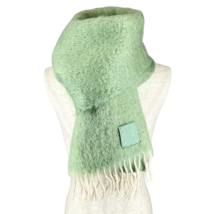 Excellent LOEWE Scarf Anagram Leather Patch Fringe green mohair Women