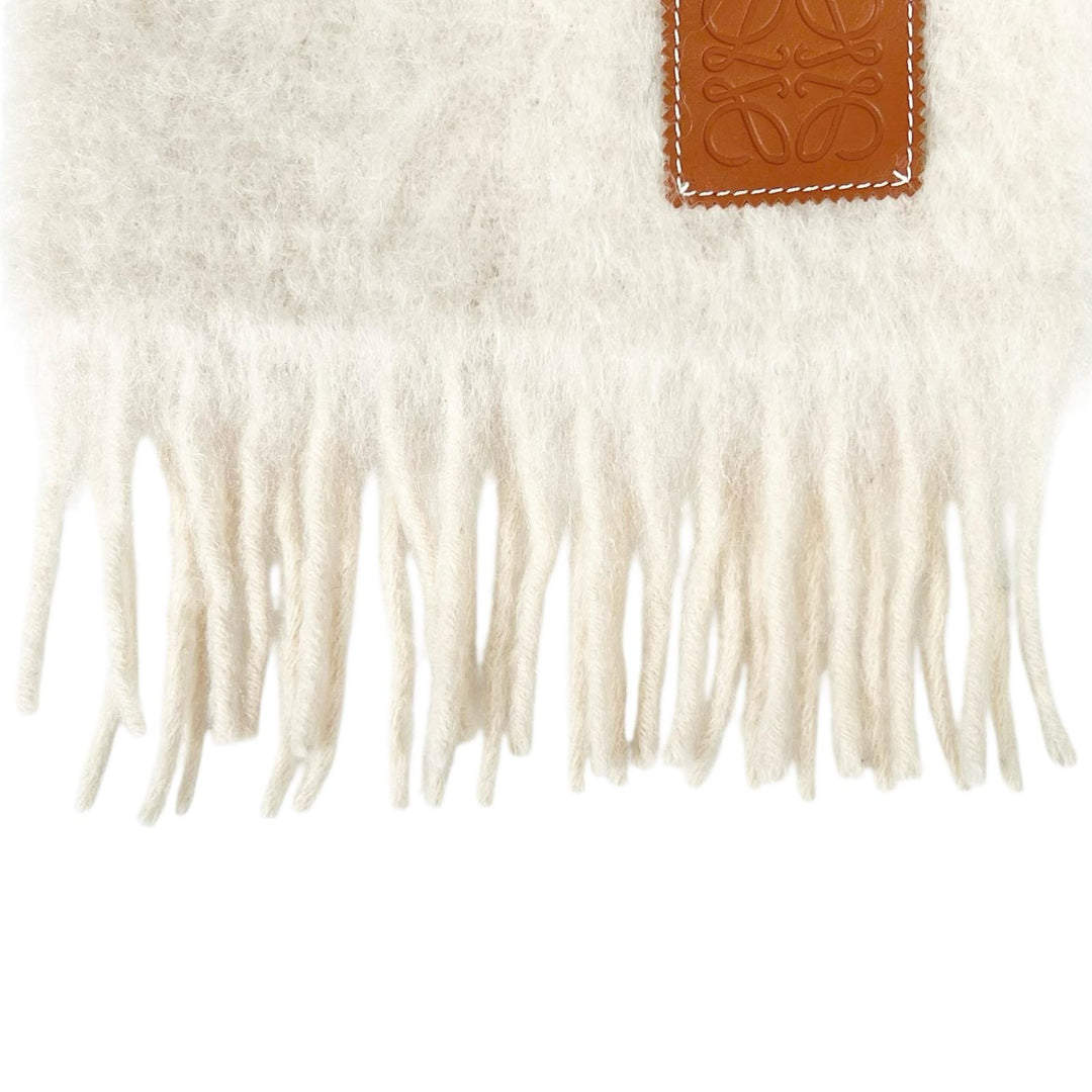 Excellent LOEWE Scarf Anagram Leather Patch Fringe Ivory mohair Women