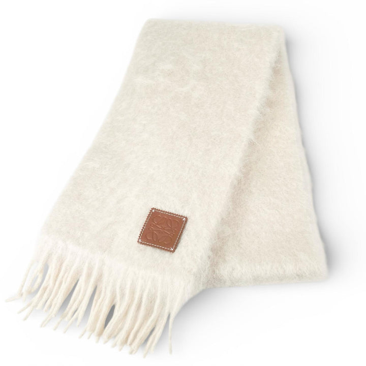 Excellent LOEWE Scarf Anagram Leather Patch Fringe Ivory mohair Women