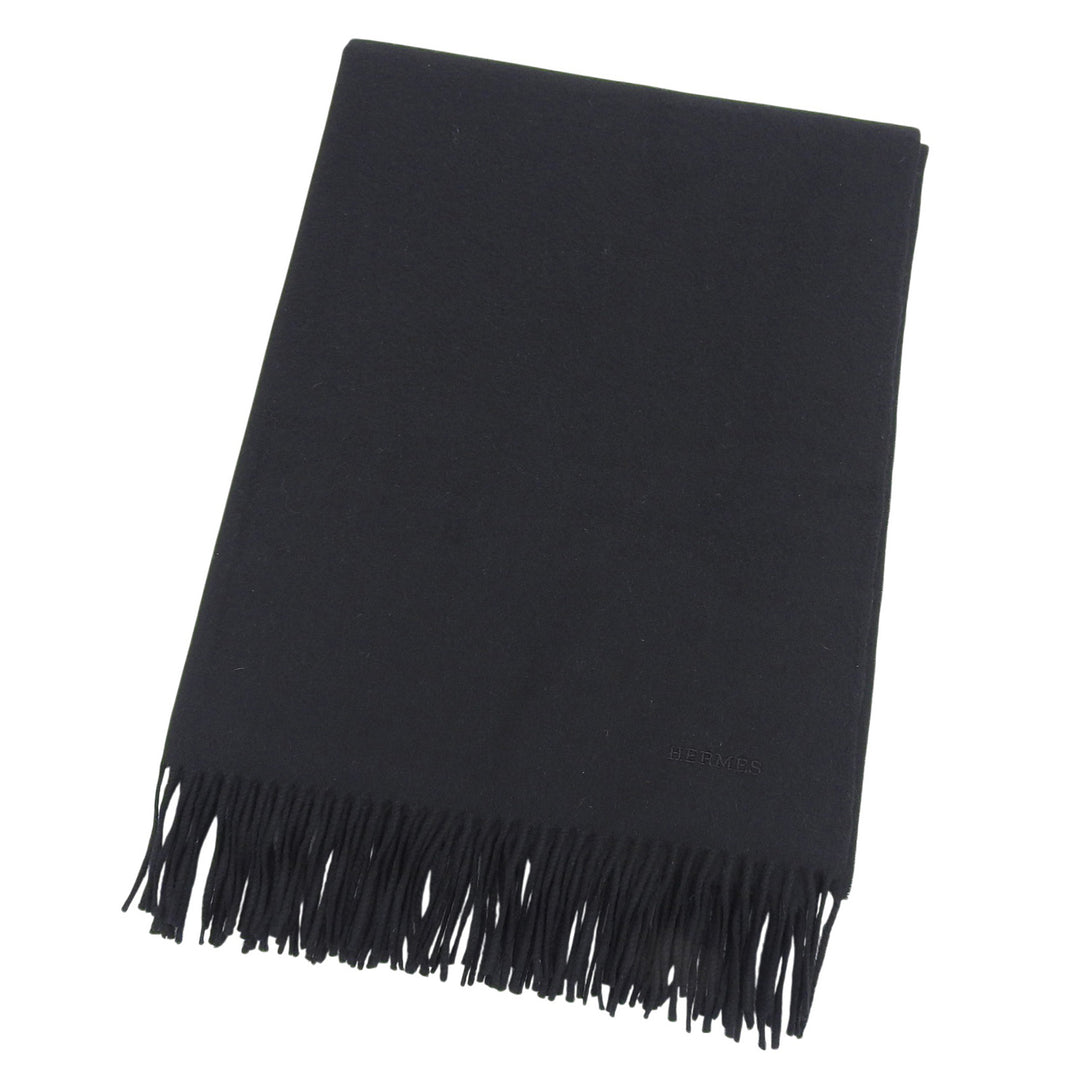 Excellent HERMES Scarf Large shawl with logo embroidery and fringe cashmere