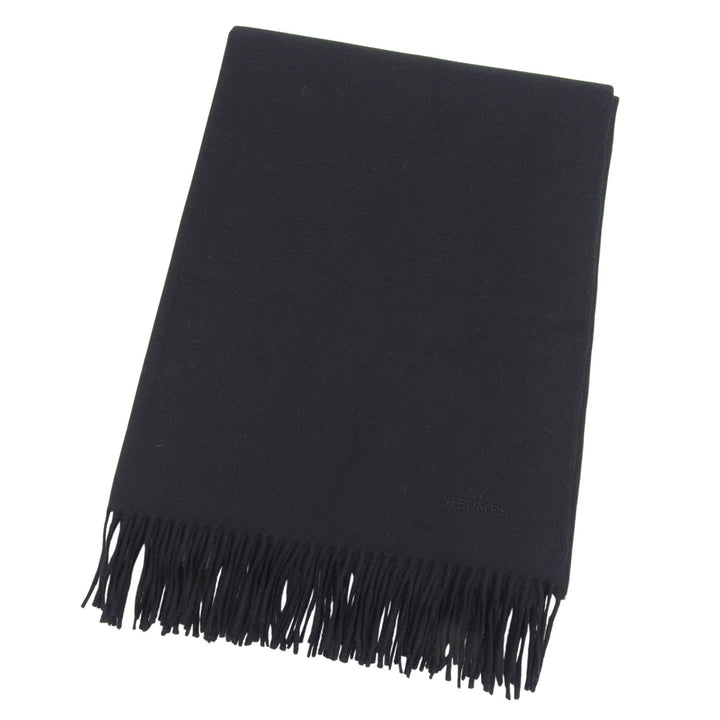 Excellent HERMES Scarf Large shawl with logo embroidery and fringe cashmere