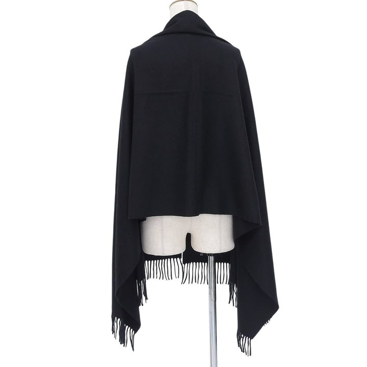 Excellent HERMES Scarf Large shawl with logo embroidery and fringe cashmere