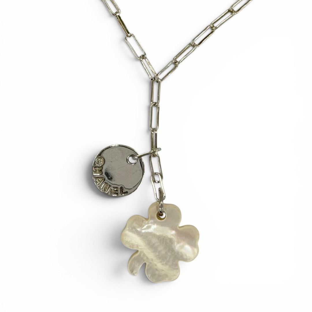 Great CHANEL Necklace Clover logo pendant Silver 925 Women
