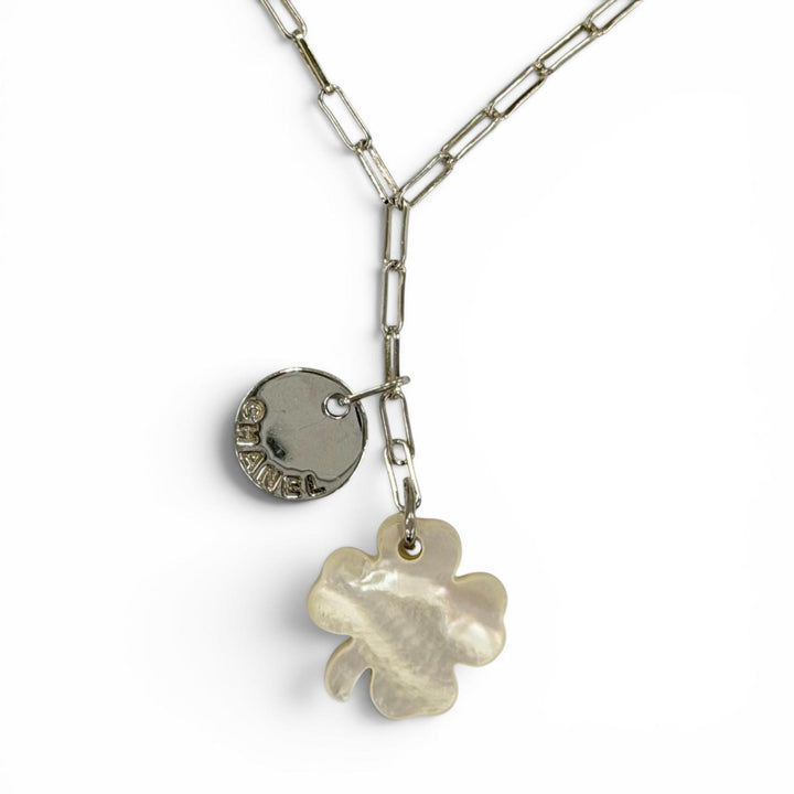 Great CHANEL Necklace Clover logo pendant Silver 925 Women