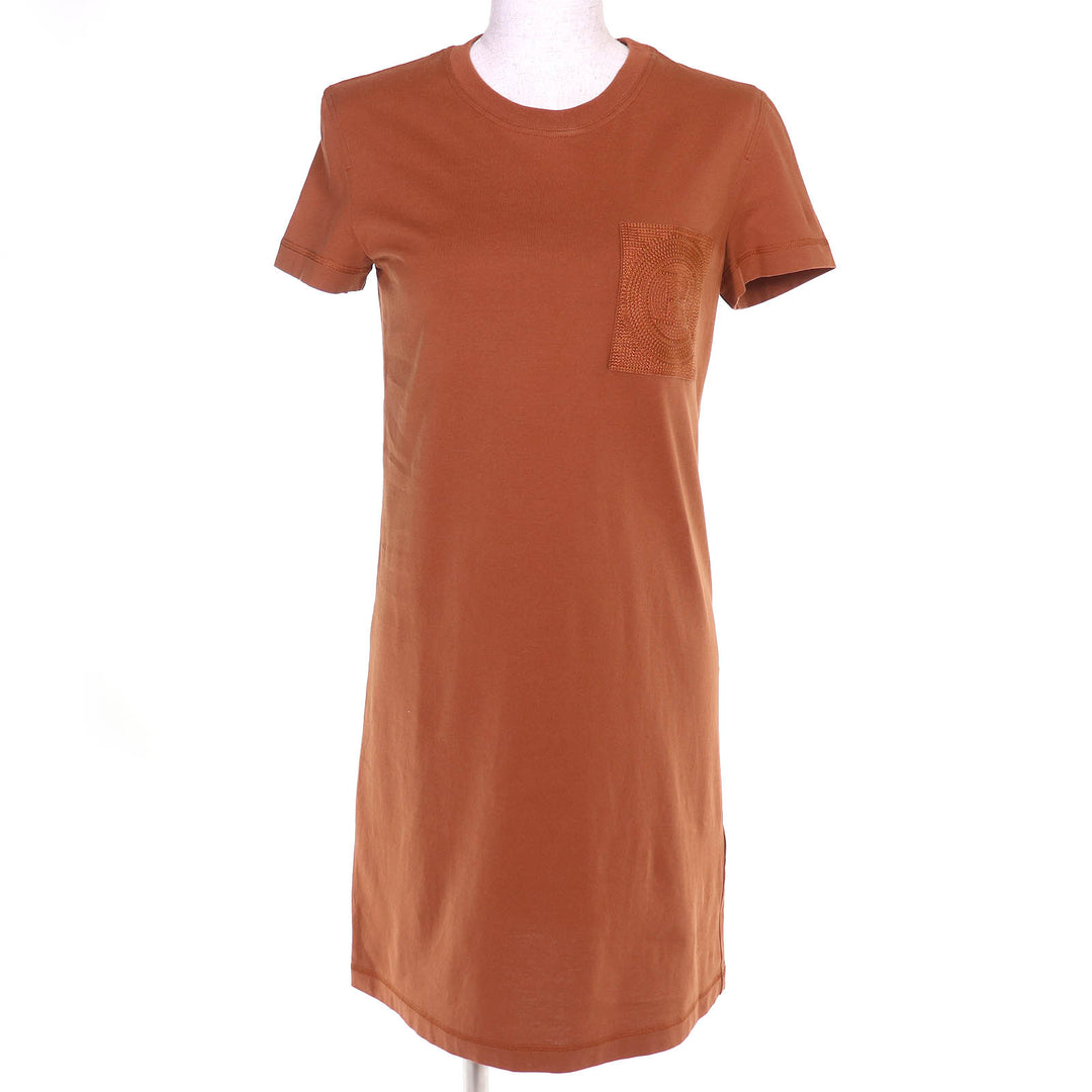 Excellent HERMES one piece H embroidered pocket short sleeves Brown 34 3H4508DL