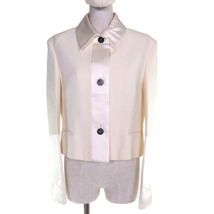 Excellent FERRAGAMO Logo Button Satin Switch Wool Tweed Jacket white 40 0763654