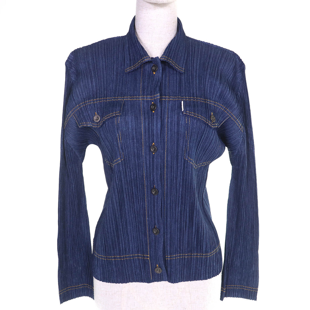 Excellent PLEATS PLEASE Denim transfer print long sleeve shirt and pants
