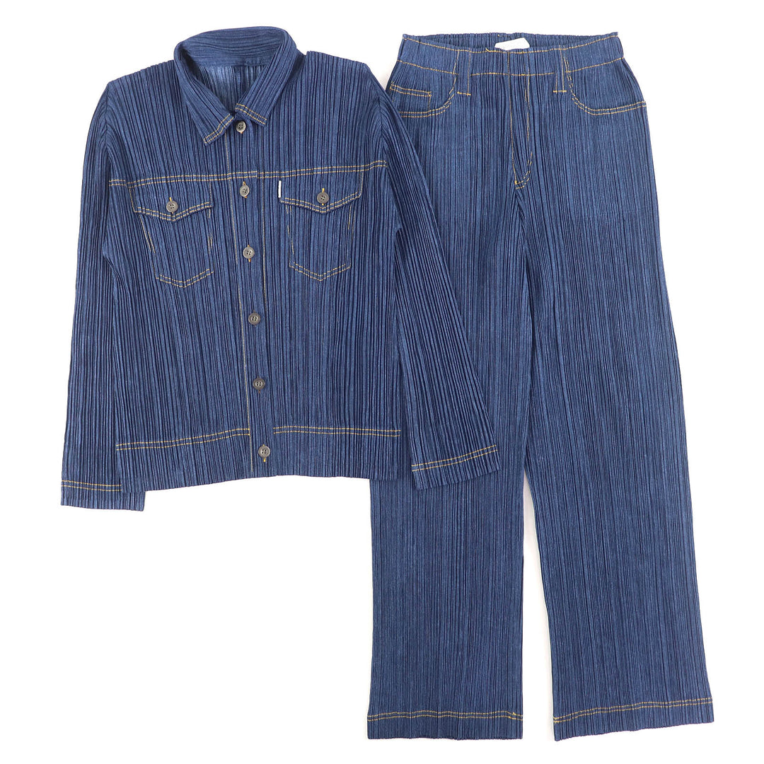 Excellent PLEATS PLEASE Denim transfer print long sleeve shirt and pants