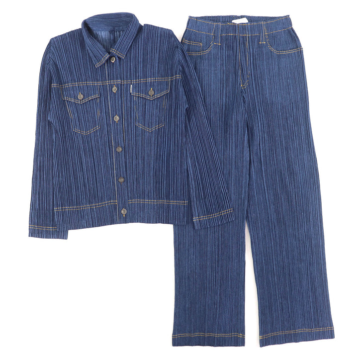 Excellent PLEATS PLEASE Denim transfer print long sleeve shirt and pants