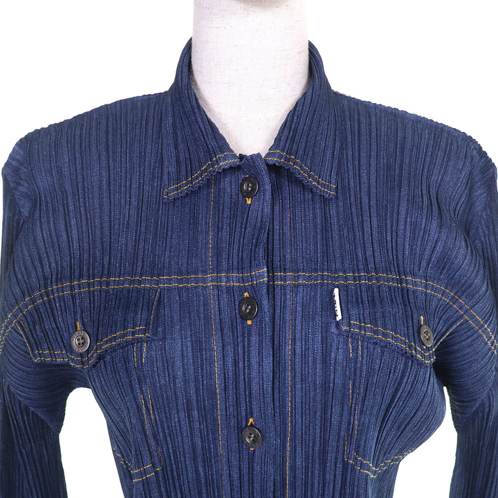 Excellent PLEATS PLEASE Denim transfer print long sleeve shirt and pants