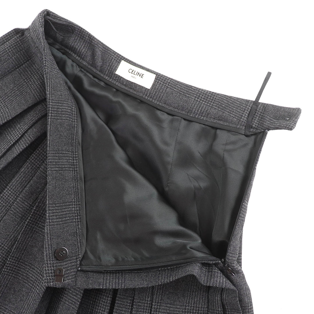 Excellent CELINE Pleated skirt Glen Check Mini gray wool Women 34 2J066213F