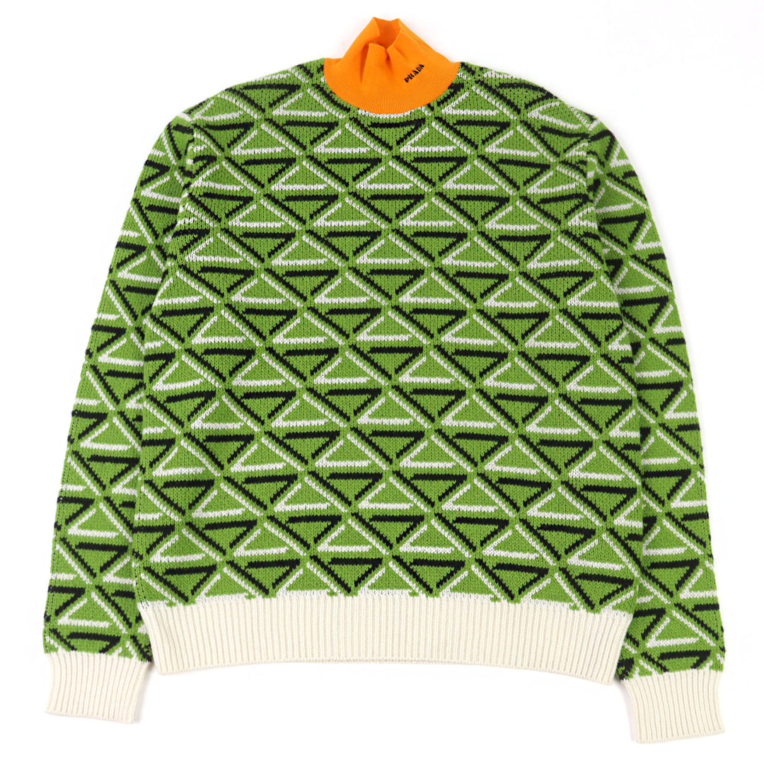 Excellent PRADA knit 29% Cashmere, Logo Embroidered Triangle Pattern 48 UMR536