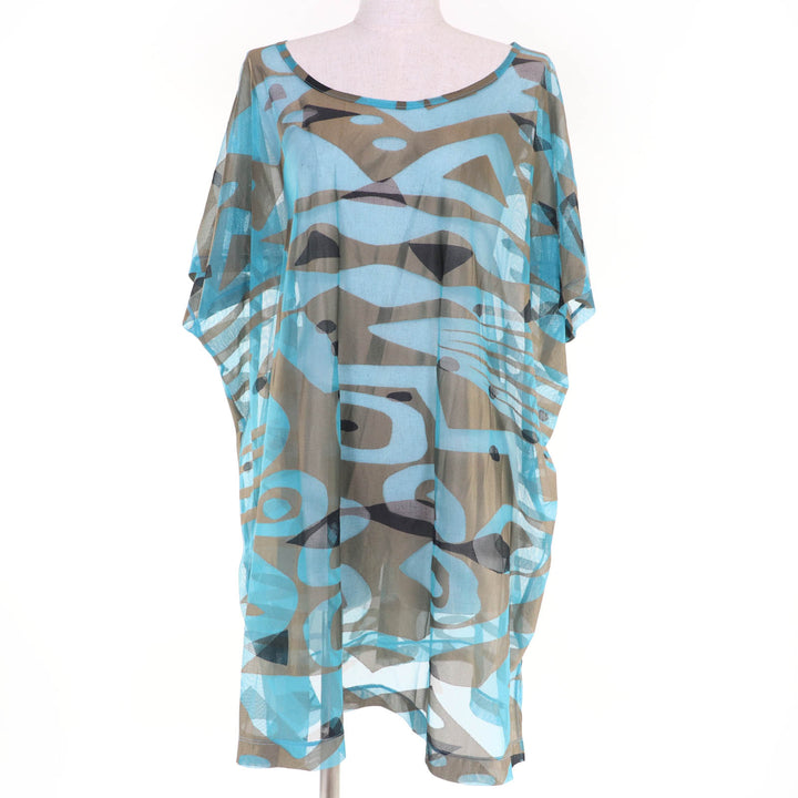 Excellent PLEATS PLEASE T-shirt All-over pattern design Blue Women 3 PP32-JK792