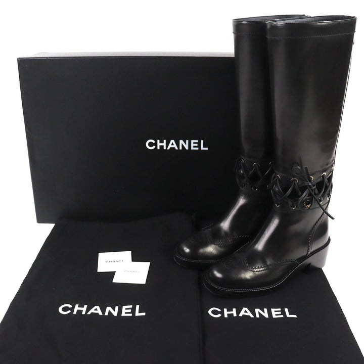 Excellent CHANEL Knee-high boots COCO Mark Lace-up Back Zip Leather 36.5 G32251