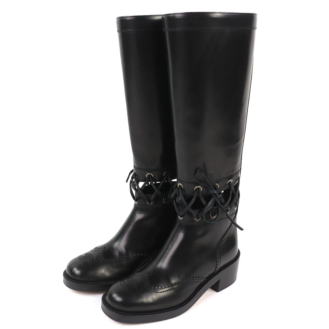 Excellent CHANEL Knee-high boots COCO Mark Lace-up Back Zip Leather 36.5 G32251