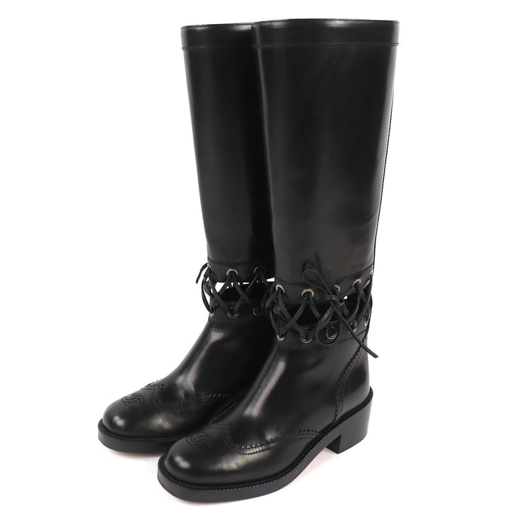 Excellent CHANEL Knee-high boots COCO Mark Lace-up Back Zip Leather 36.5 G32251
