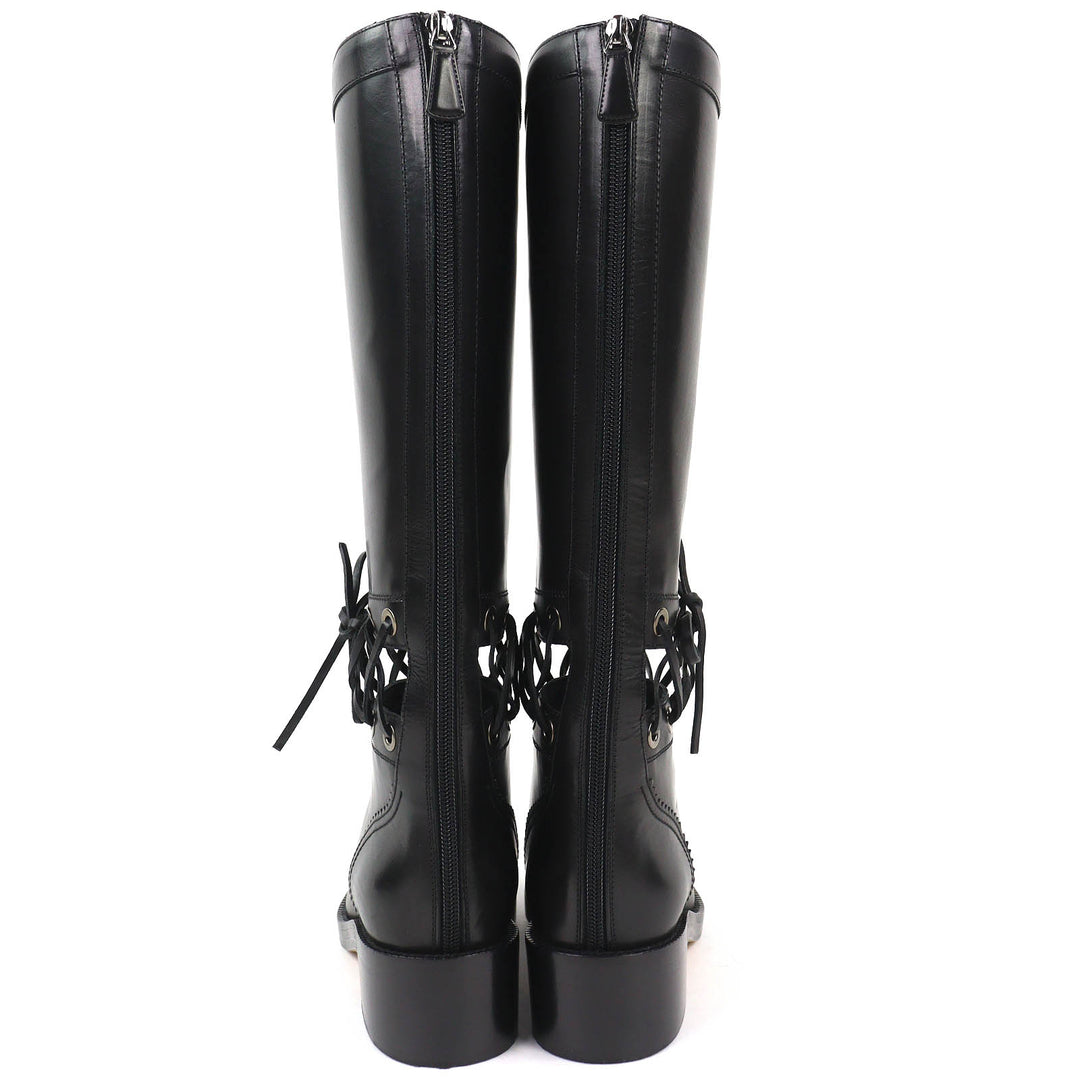 Excellent CHANEL Knee-high boots COCO Mark Lace-up Back Zip Leather 36.5 G32251